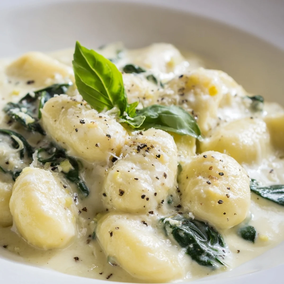 Creamy Gnocchi with Spinach and Cream Sauce served in a skillet, garnished with fresh basil and extra parmesan.