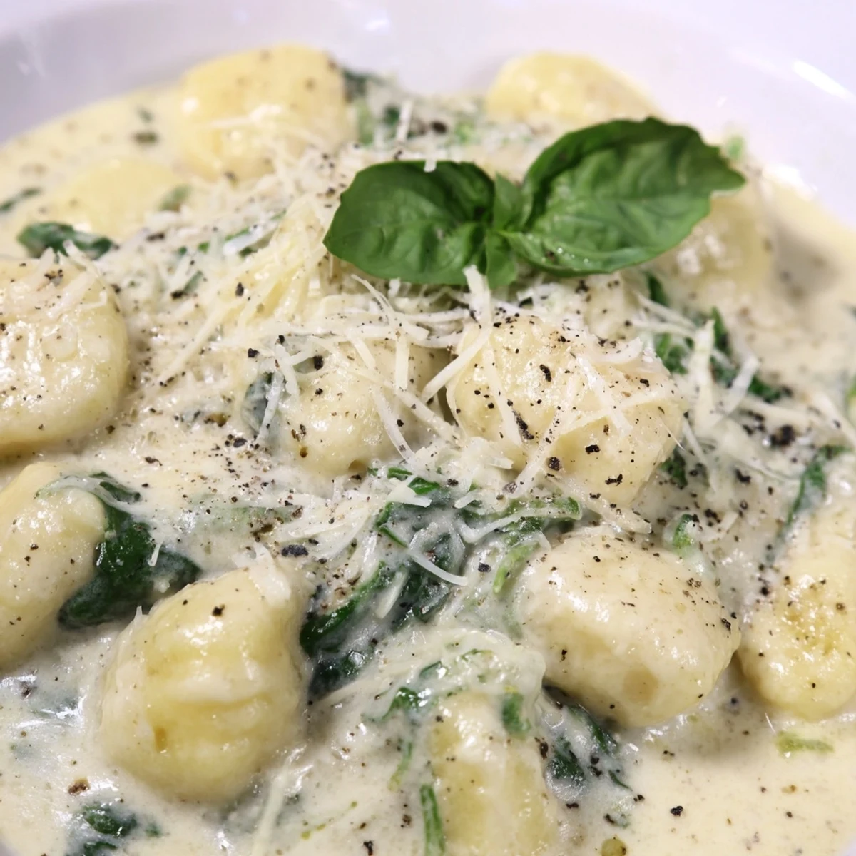 Tender gnocchi coated in a rich cream sauce, sautéed spinach, and garlic on a rustic wooden table.