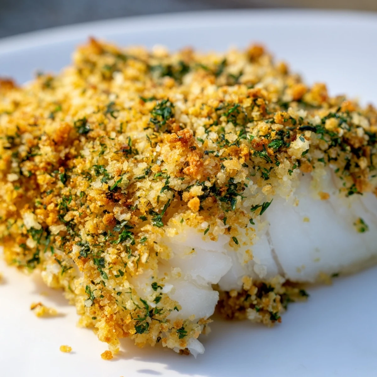 Golden brown Baked Cod with Panko and Herb Crust on a white plate with lemon wedges and fresh parsley garnish.