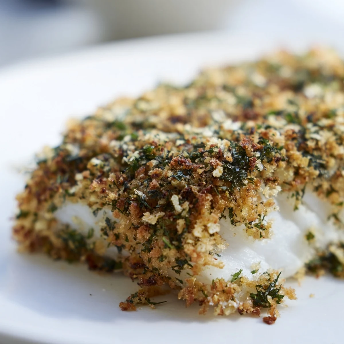 Flaky white fish fillet topped with crunchy panko and herbs, served with steamed green beans and lemon slices.