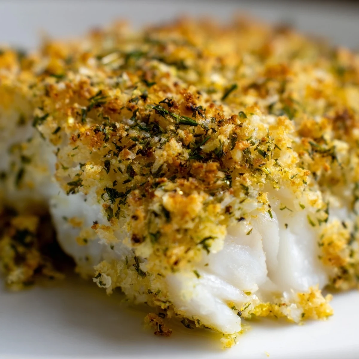 Dinner plate featuring crispy baked cod with a golden crust, ready to serve with lemon wedges for a zesty finish.