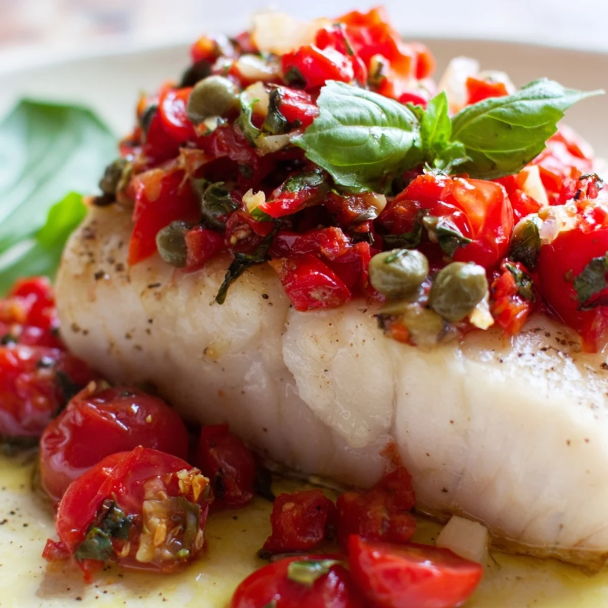 Freshly baked halibut fillets topped with a vibrant tomato basil relish, served on a white plate for a light Mediterranean dinner.
