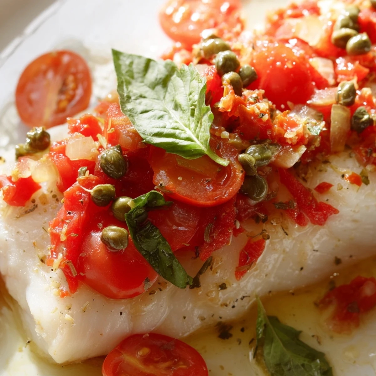 A close-up of tender baked halibut with juicy cherry tomatoes, basil, and shallots, drizzled with balsamic olive oil.