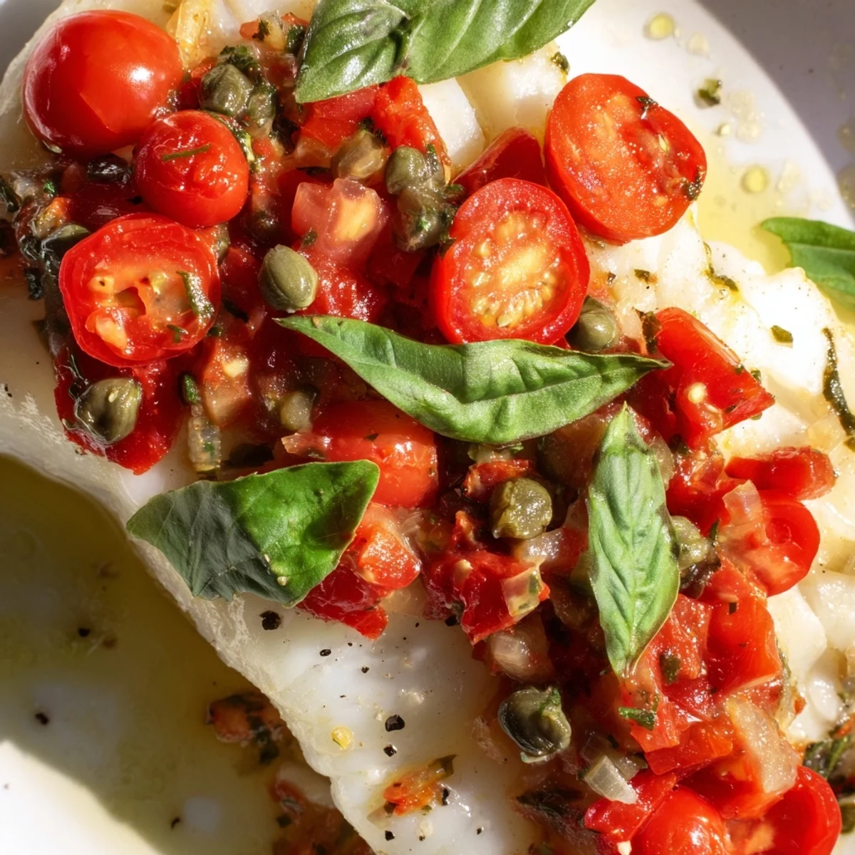 Golden, flaky halibut fillets just out of the oven, garnished with a colorful cherry tomato and fresh basil relish.