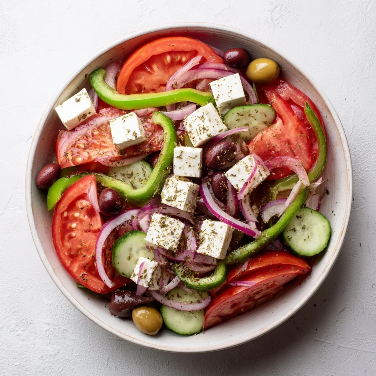 A fresh Mediterranean Greek salad features red onion, green bell pepper, and a zesty oregano dressing for a light meal.  