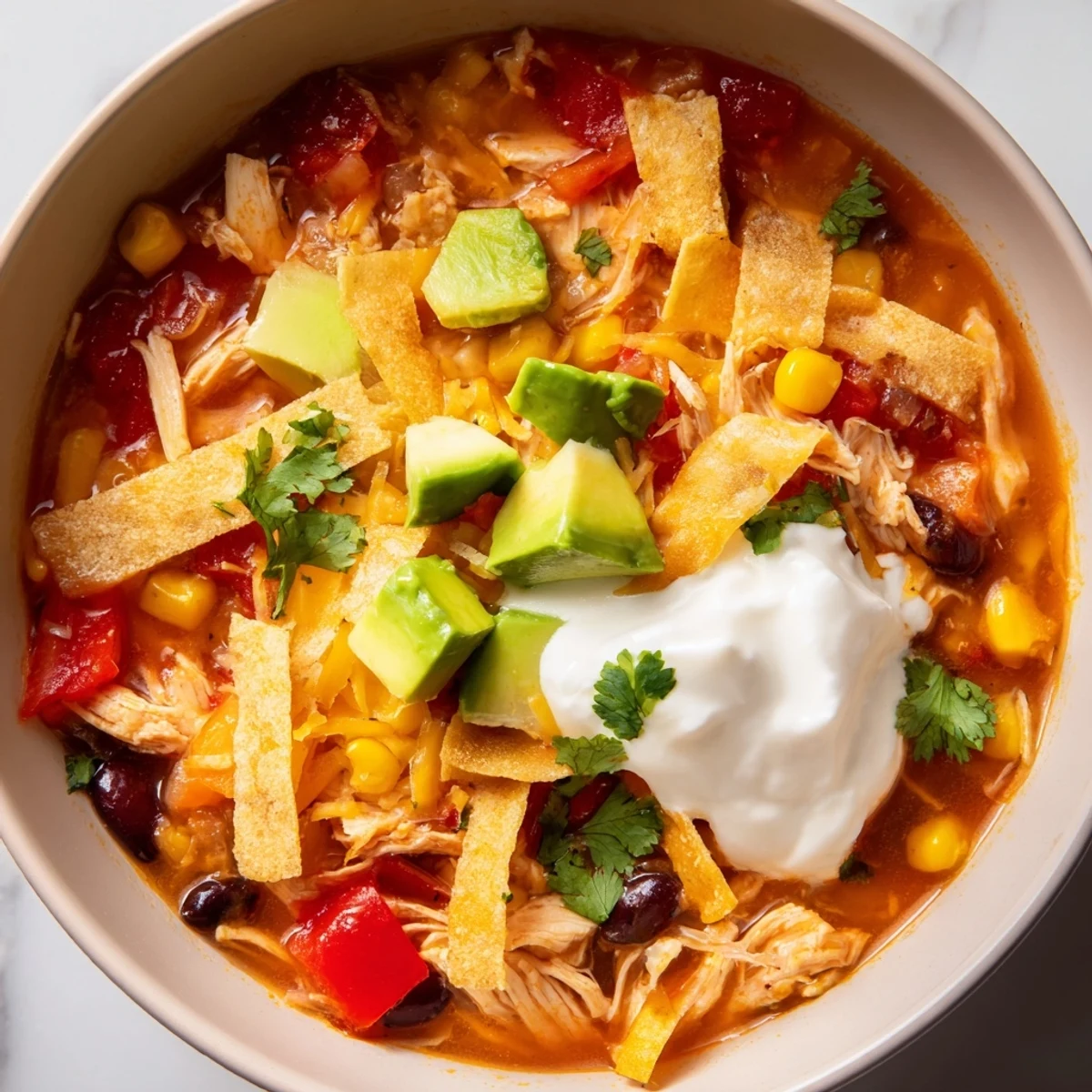 Steaming bowl of Chicken Tortilla Soup with Crispy Strips, garnished with diced avocado, fresh cilantro, and a lime wedge for a bright, zesty finish.  