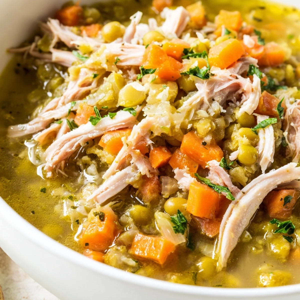 Steaming bowl of Green Split Pea Soup with Smoked Turkey garnished with fresh parsley, served beside crusty bread.  