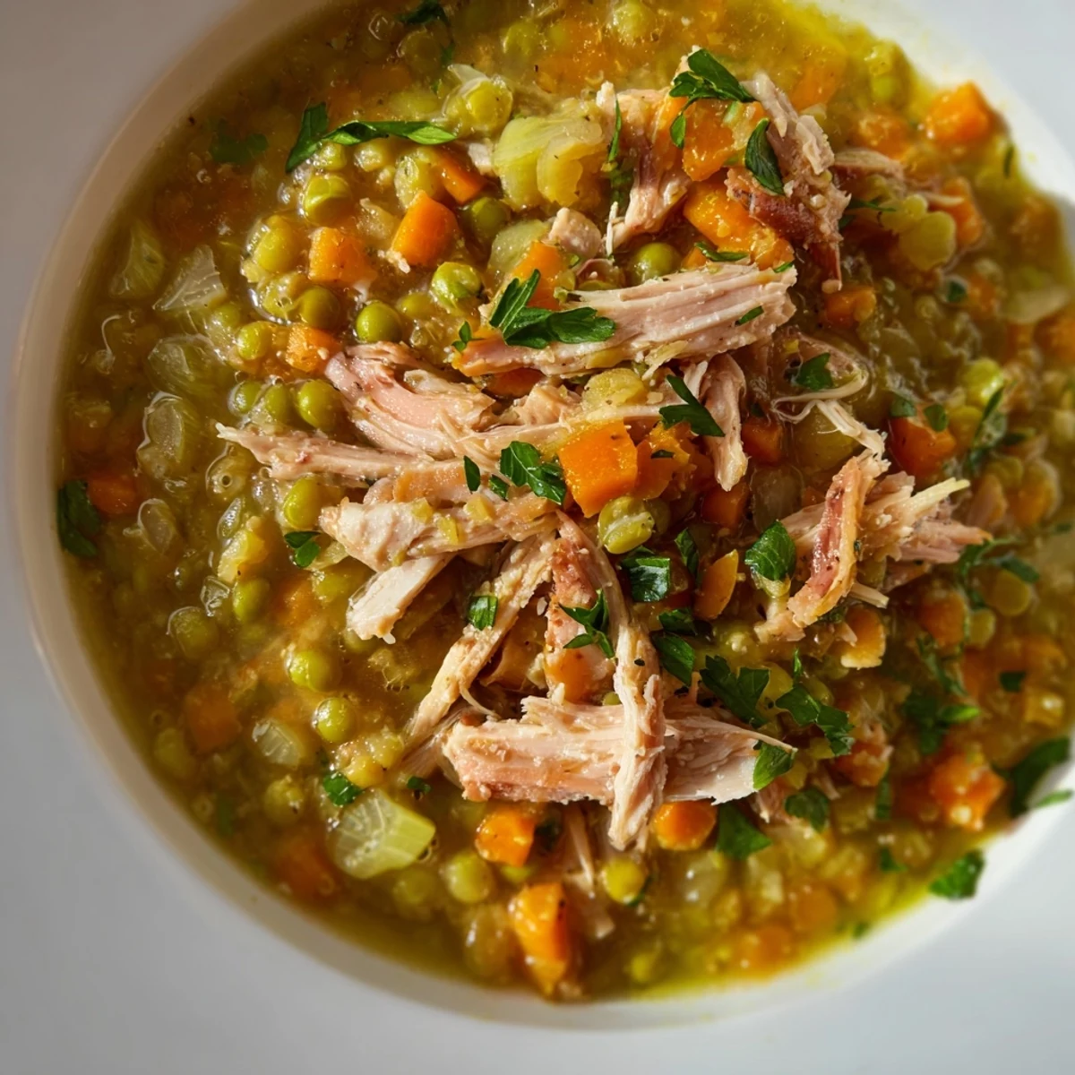 Green Split Pea Soup with Smoked Turkey simmering in a Dutch oven, featuring carrots, celery, and tender peas.  