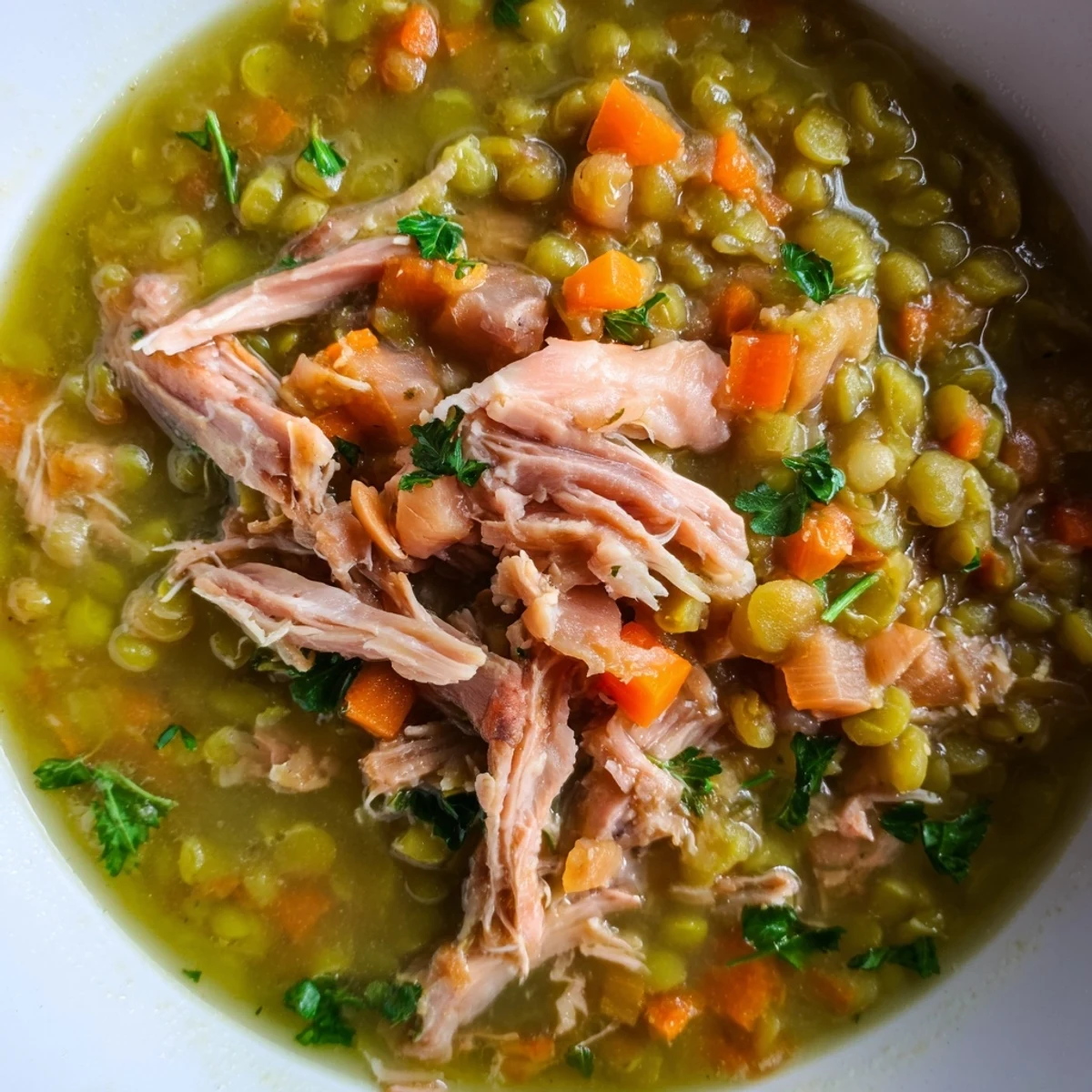 Spoon lifting creamy Green Split Pea Soup with Smoked Turkey, highlighting shredded turkey meat and aromatic thyme.