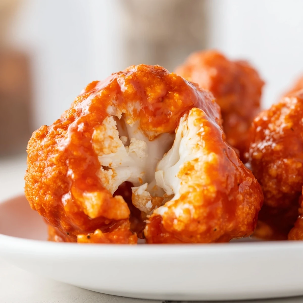 Crispy Super Bowl Buffalo Cauliflower Bites glistening with tangy red sauce and fresh celery sticks on a platter.