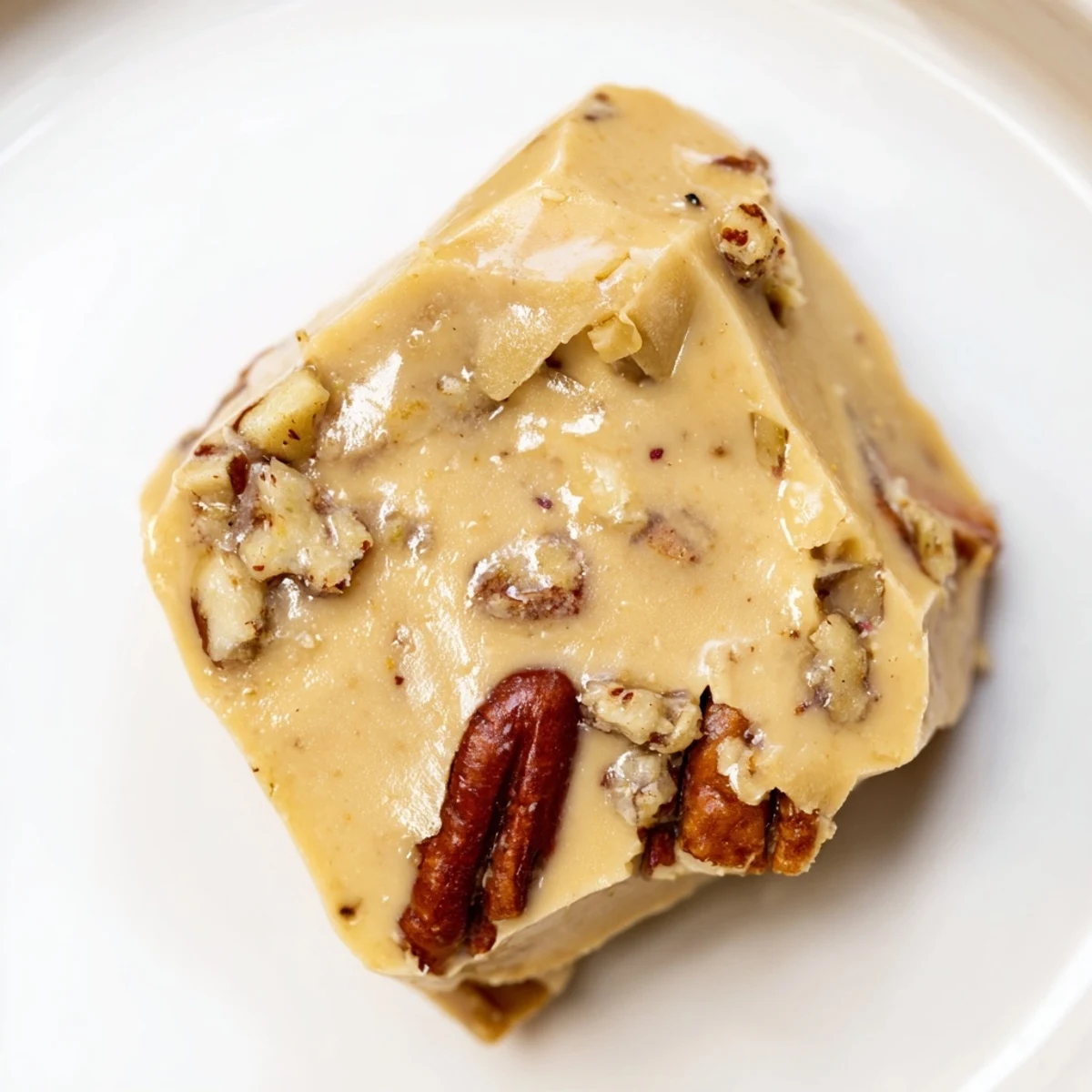 A close-up of golden Mardi Gras Pecan Pralines, their pecan halves glistening with a buttery, melt-in-your-mouth texture.