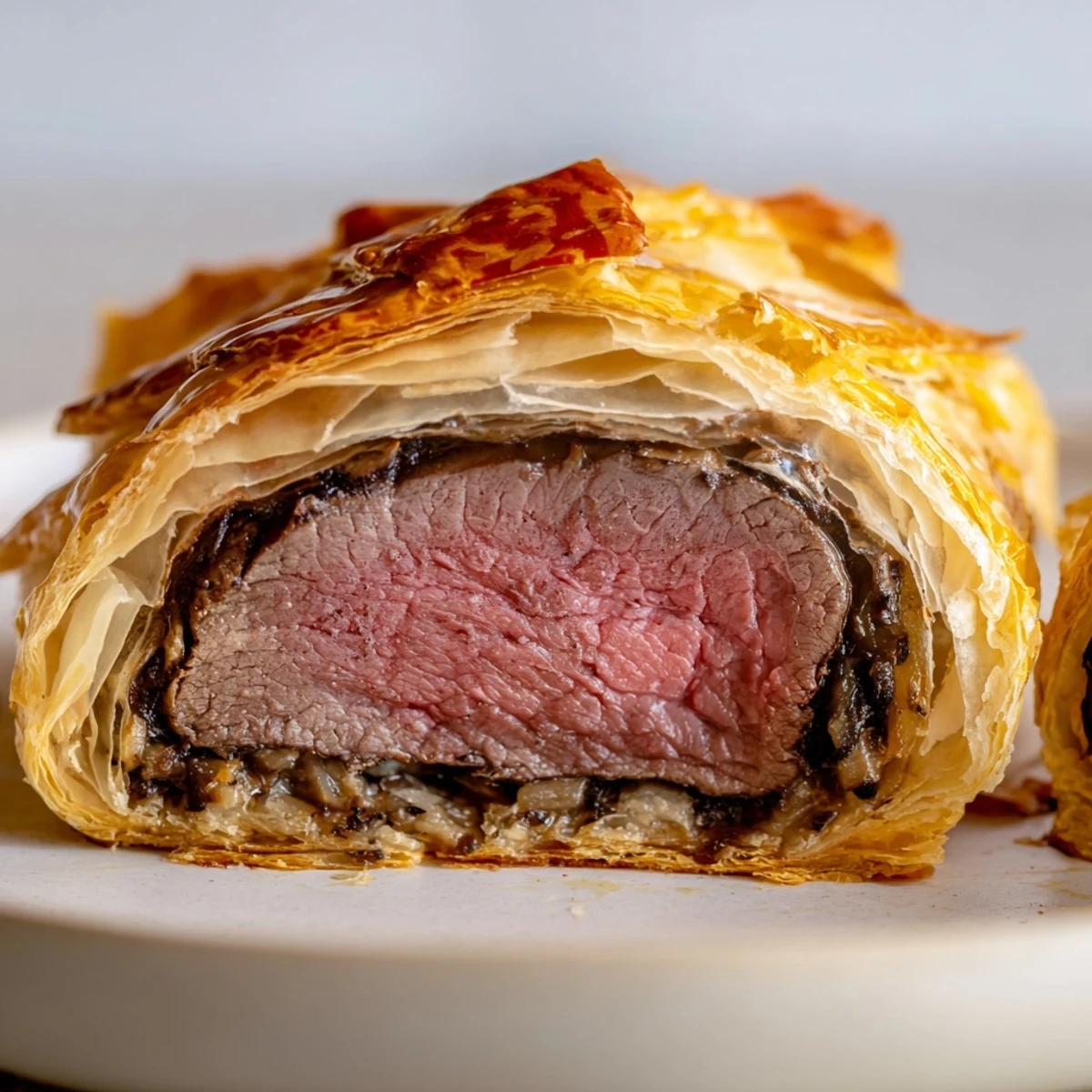 Golden-brown puff pastry encasing tender beef fillet and mushroom duxelles, sliced to reveal a juicy center for a romantic dinner.  