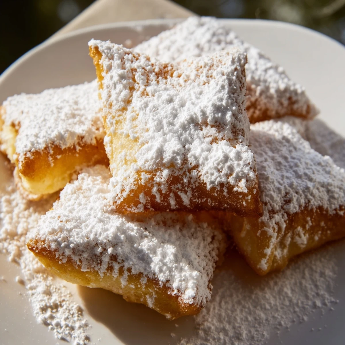 Golden-brown Mardi Gras beignets, squares of pillowy fried dough generously dusted with powdered sugar on a plate.