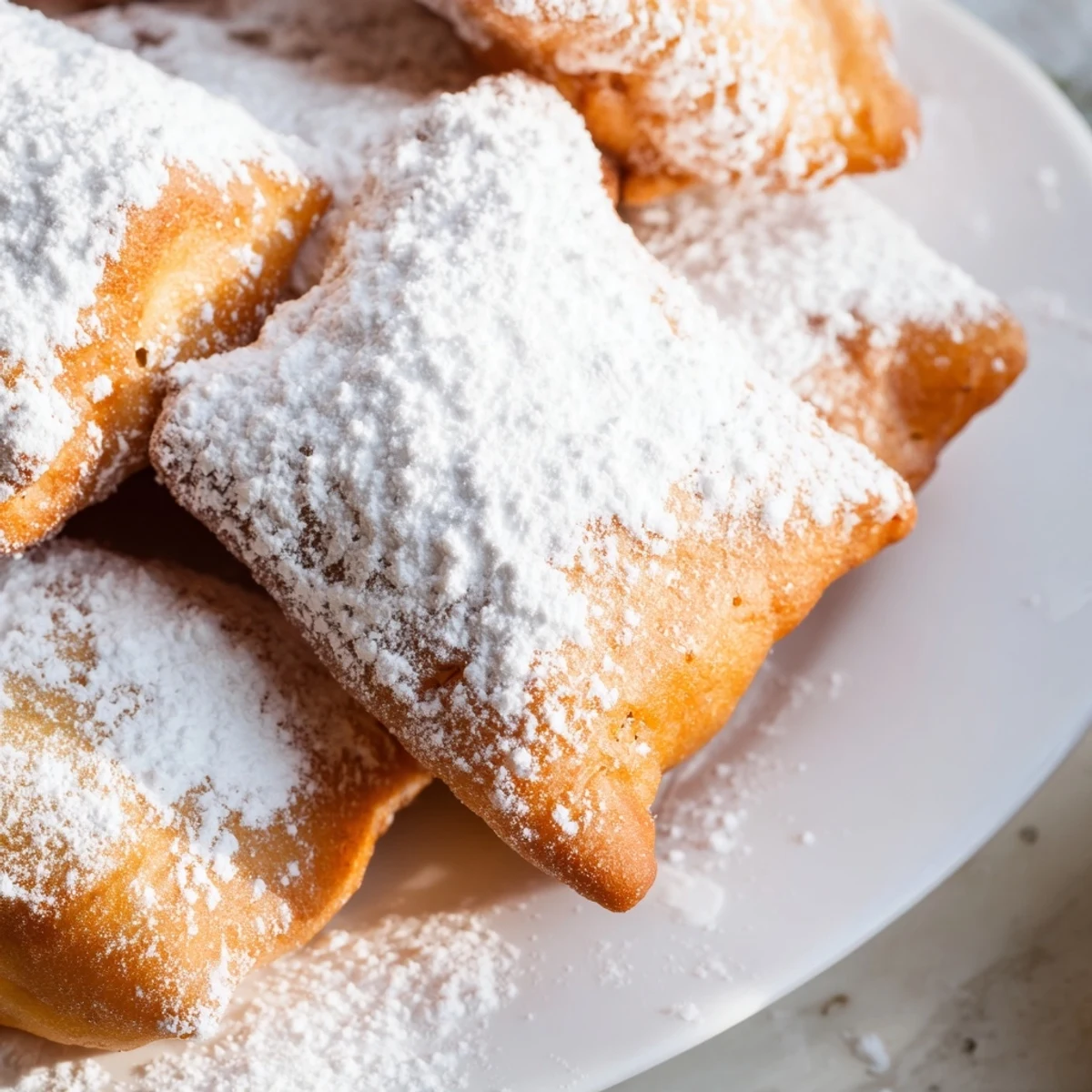 Warm Mardi Gras beignets, freshly fried and coated in sweet powdered sugar, ready to serve with coffee.