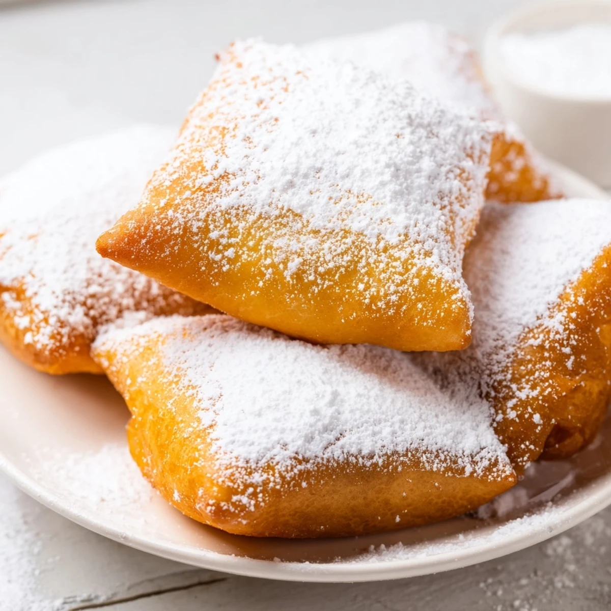 Fluffy Mardi Gras beignets, golden squares of dough covered in powdered sugar, perfect for a festive New Orleans treat.