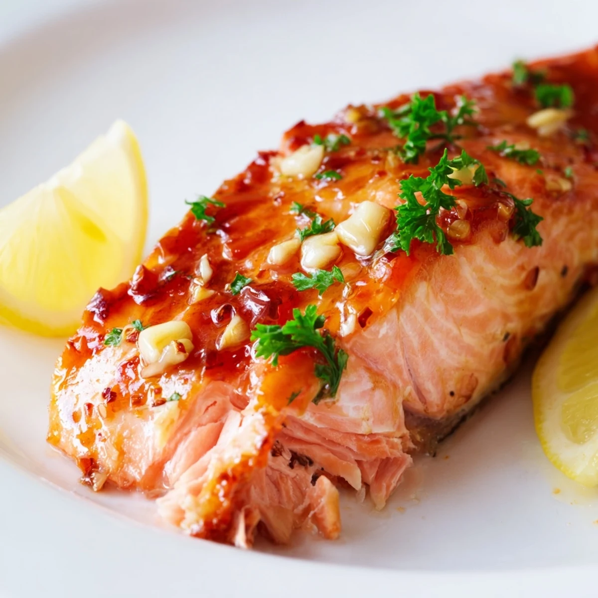 Golden-brown baked salmon fillets glistening with a sticky honey garlic glaze, garnished with fresh parsley and lemon wedges on a white plate.