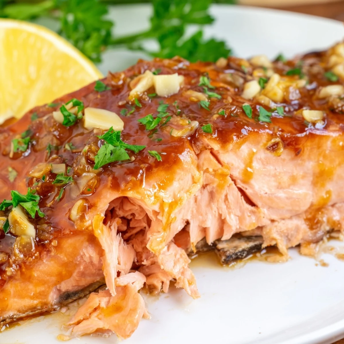 Perfectly baked salmon with honey garlic glaze on a parchment-lined baking sheet, ready for a quick weeknight dinner.