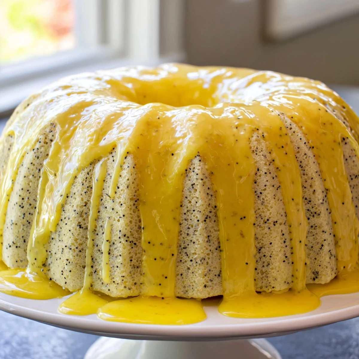 A glazed Lemon Poppy Seed Bundt cake sits on a white plate, with fresh lemon slices and a cup of tea nearby.  