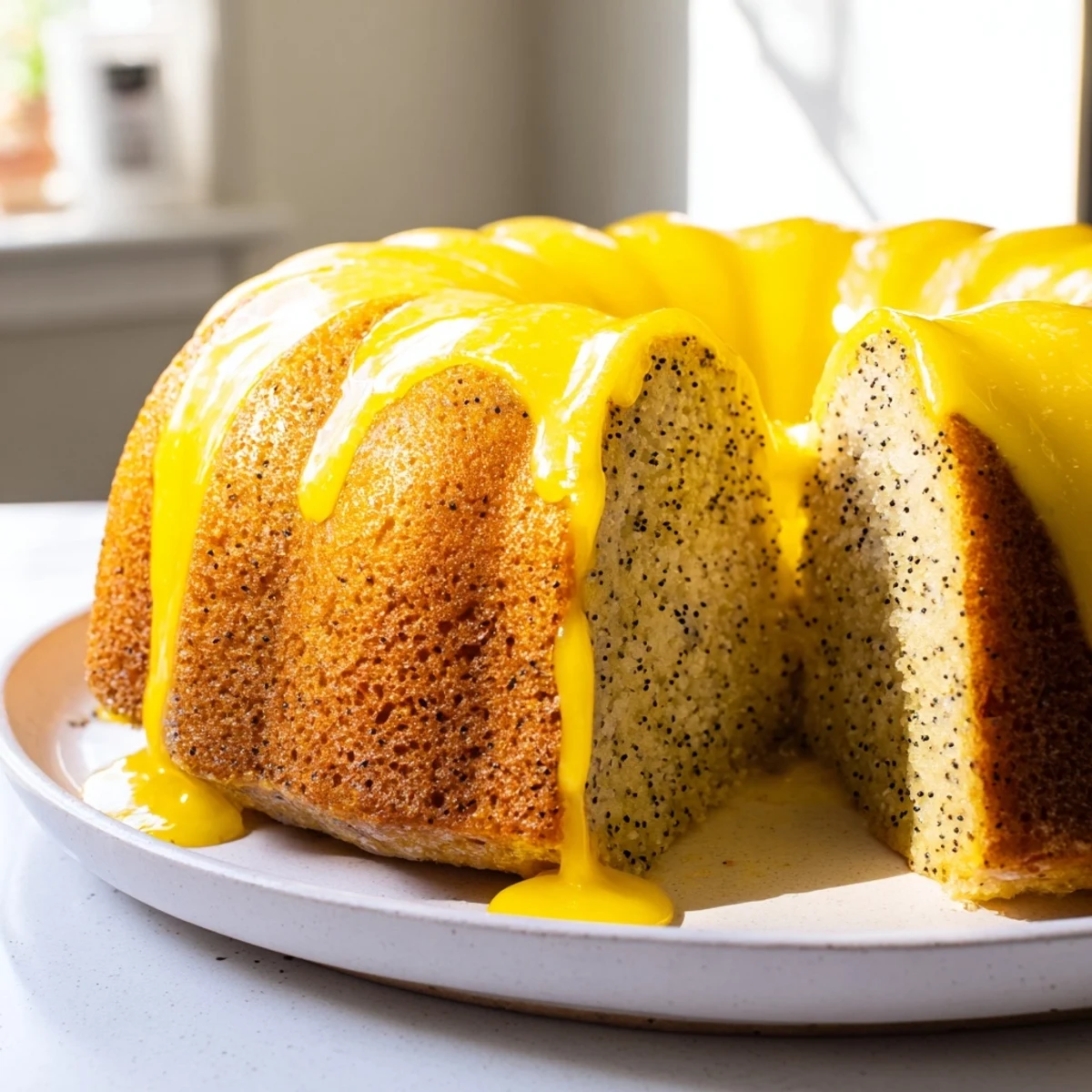 Whole glazed Lemon Poppy Seed Bundt cake on a marble counter, ready to be served with a fork.