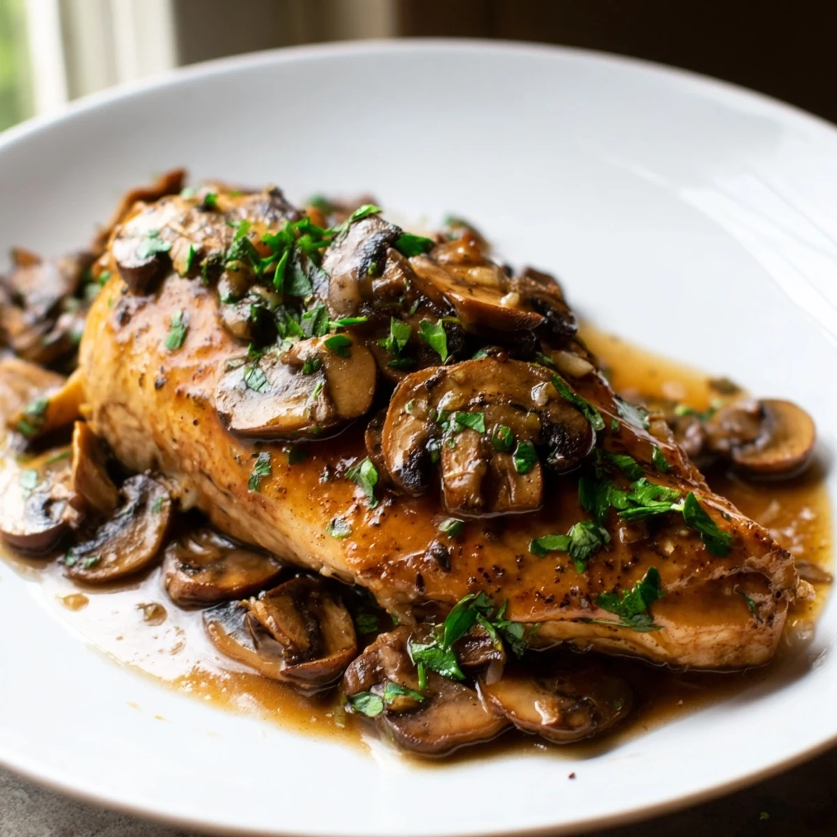 Golden-brown Chicken Marsala with Mushrooms simmering in a rich, glossy sauce, garnished with fresh parsley and served over creamy mashed potatoes.