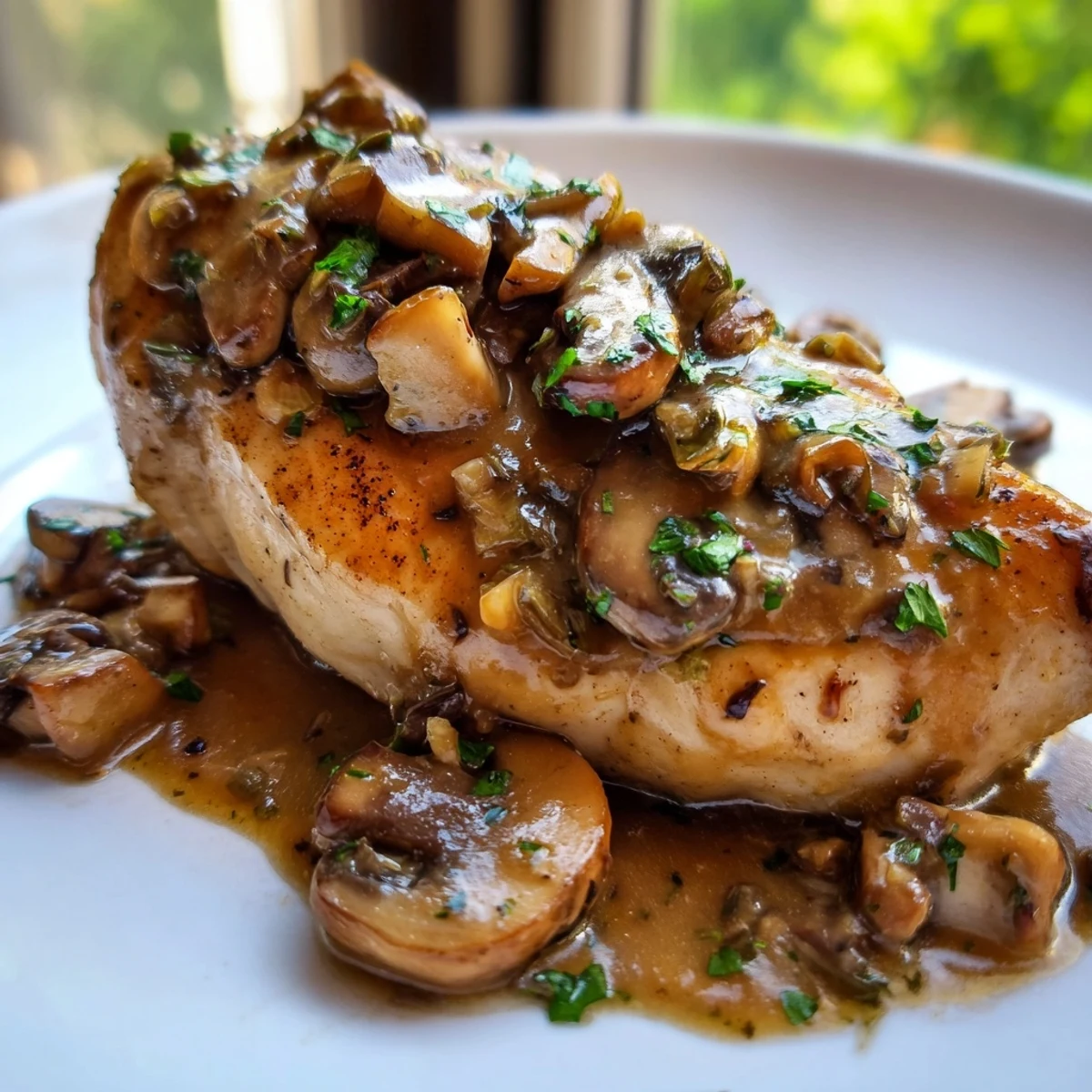 Sliced, tender Chicken Marsala with Mushrooms plated on a bed of fettuccine, the mushroom-studded sauce pooling luxuriously around the noodles.