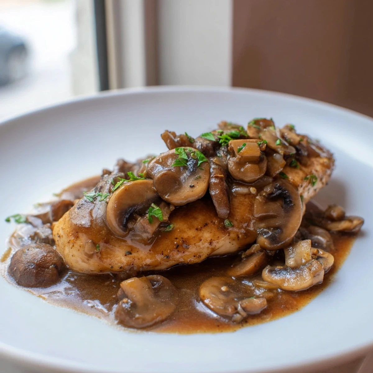 Freshly cooked Chicken Marsala with Mushrooms in a skillet, featuring golden chicken breasts topped with sautéed mushrooms and a savory, wine-free sauce.
