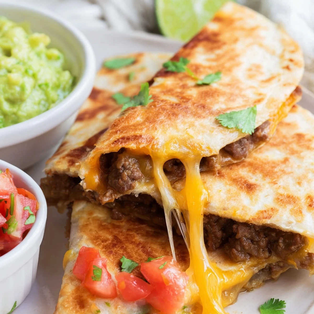 Freshly cooked beef quesadillas with melted cheddar and Monterey Jack cheese, served alongside vibrant tomato salsa and creamy guacamole on a rustic plate.  