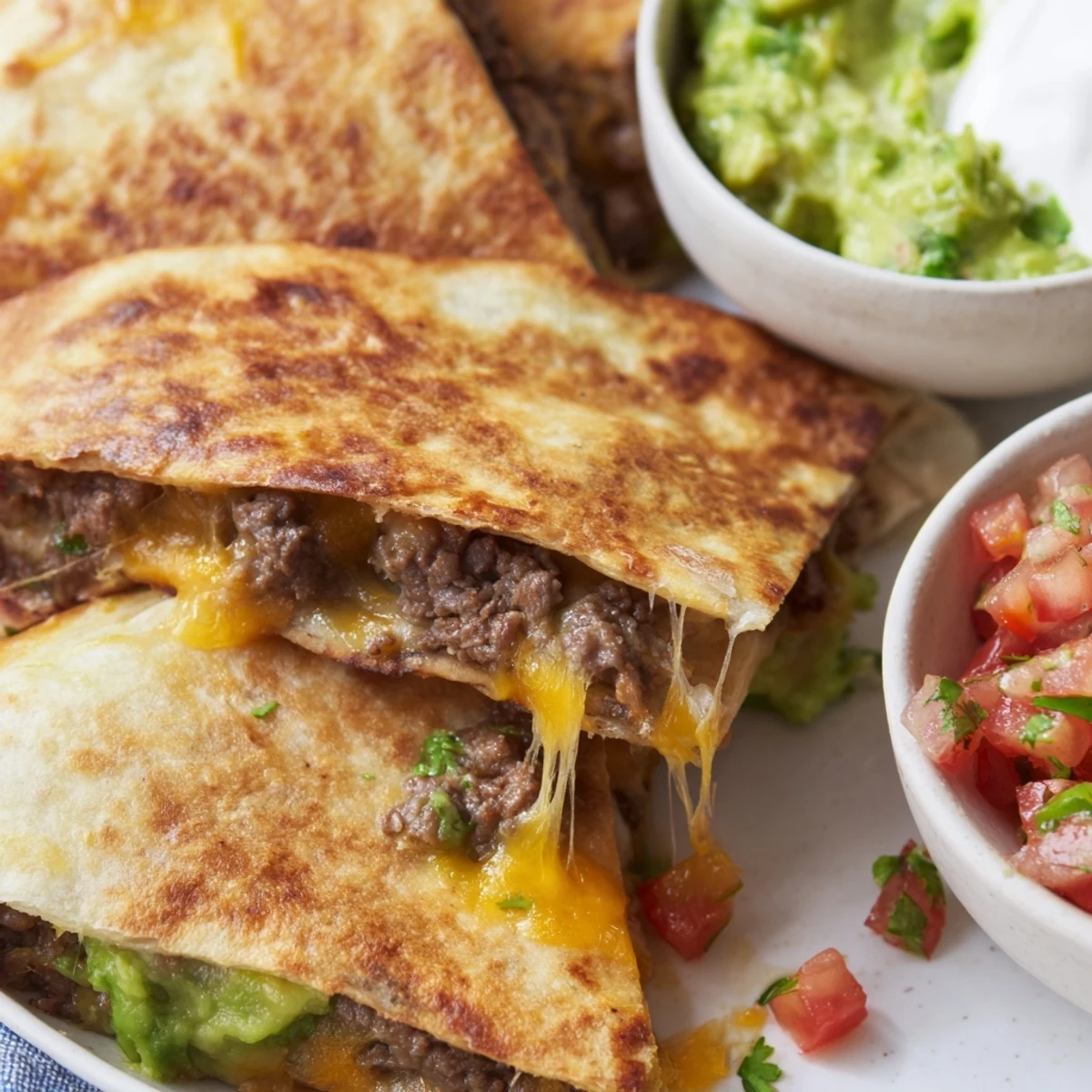 Golden brown flour tortillas stuffed with seasoned ground beef and shredded cheese, garnished with cilantro and served with chunky salsa.  