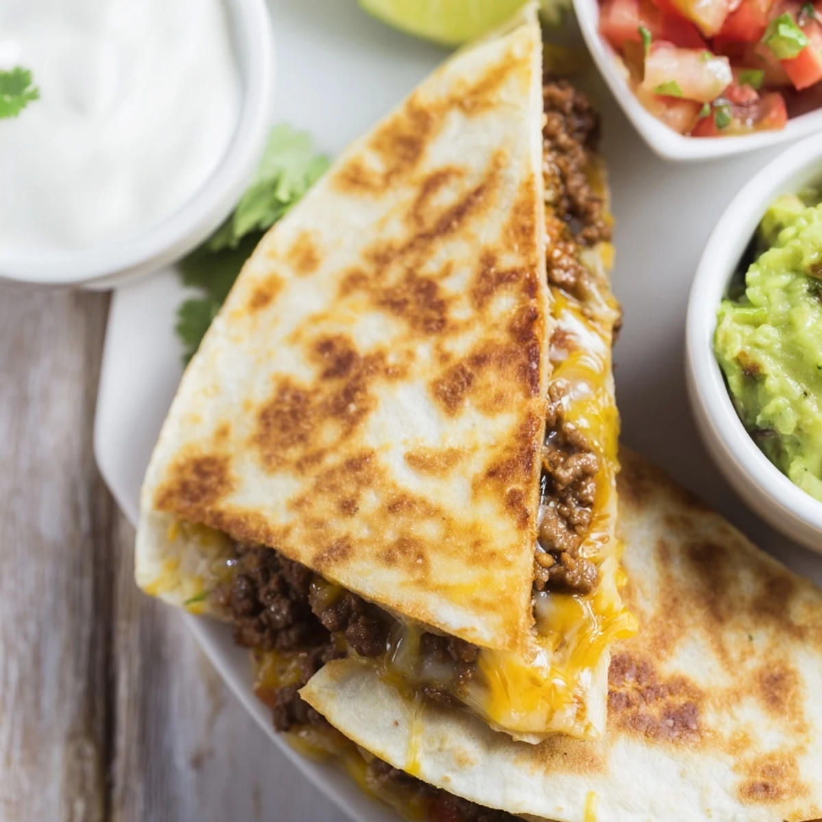 Sizzling hot beef quesadilla wedges arranged with a bowl of fresh guacamole and zesty tomato salsa, ready to be dipped.