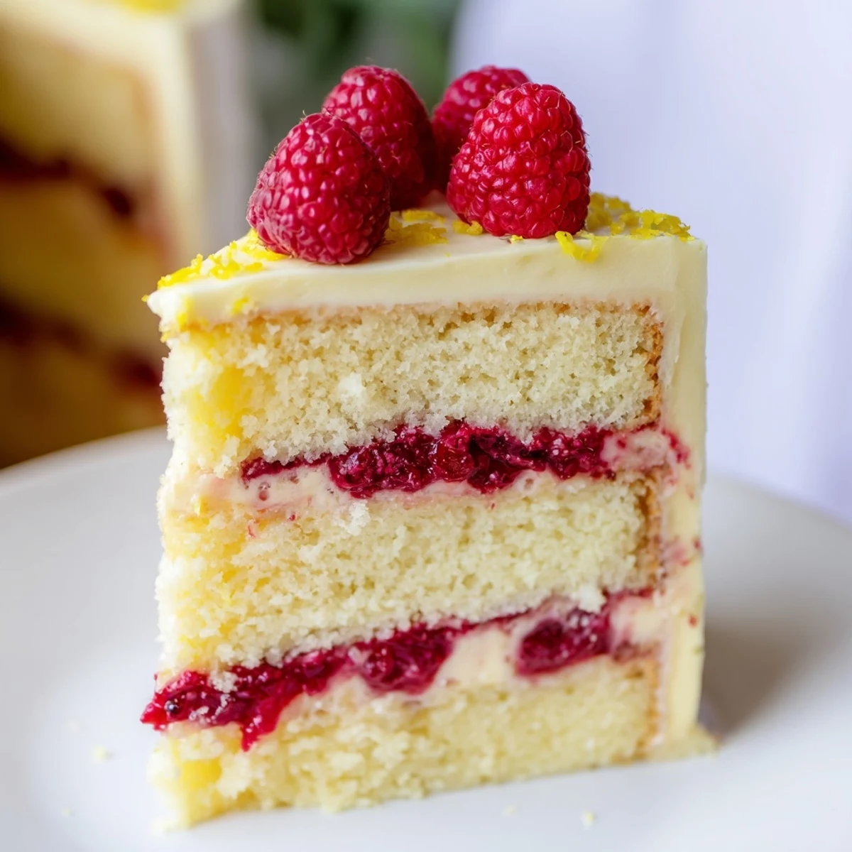 A slice of Lemon Raspberry Layer Cake shows tangy lemon buttercream and bright raspberry filling between tender sponge layers.