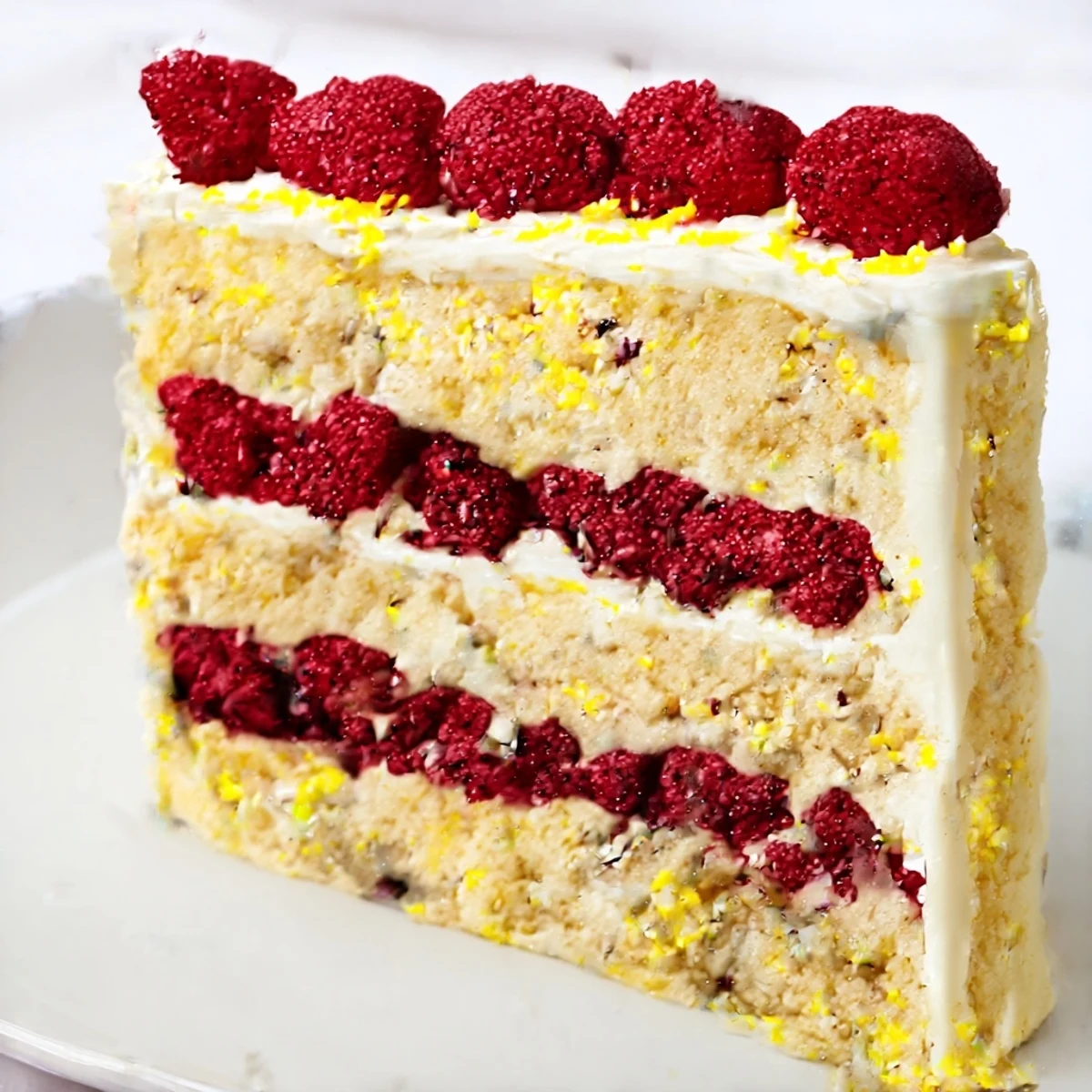 Homemade Lemon Raspberry Layer Cake with tart berries and sweet lemon zest, served on a dessert plate.