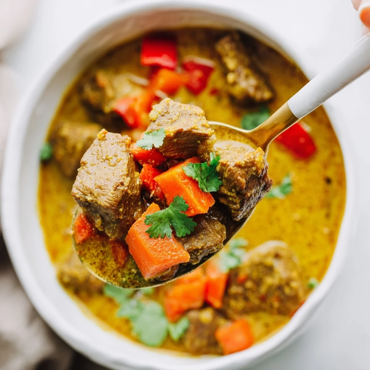 Slow-cooked tender beef cubes in a rich, golden coconut milk curry, garnished with fresh cilantro and served over steamed rice.