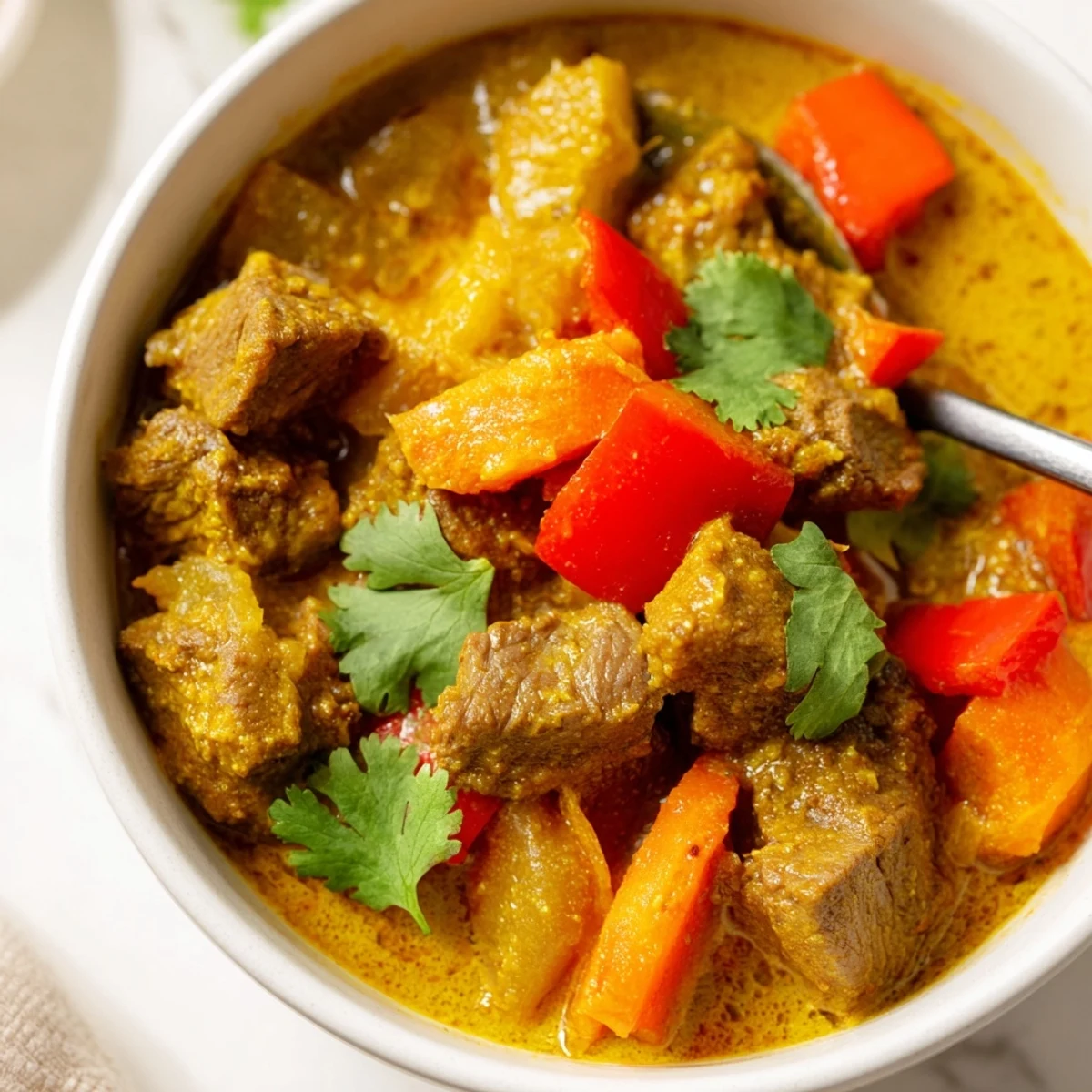 A close-up view of Slow Cooker Beef Curry with Coconut Milk, featuring hearty vegetables simmered in a fragrant, aromatic sauce.