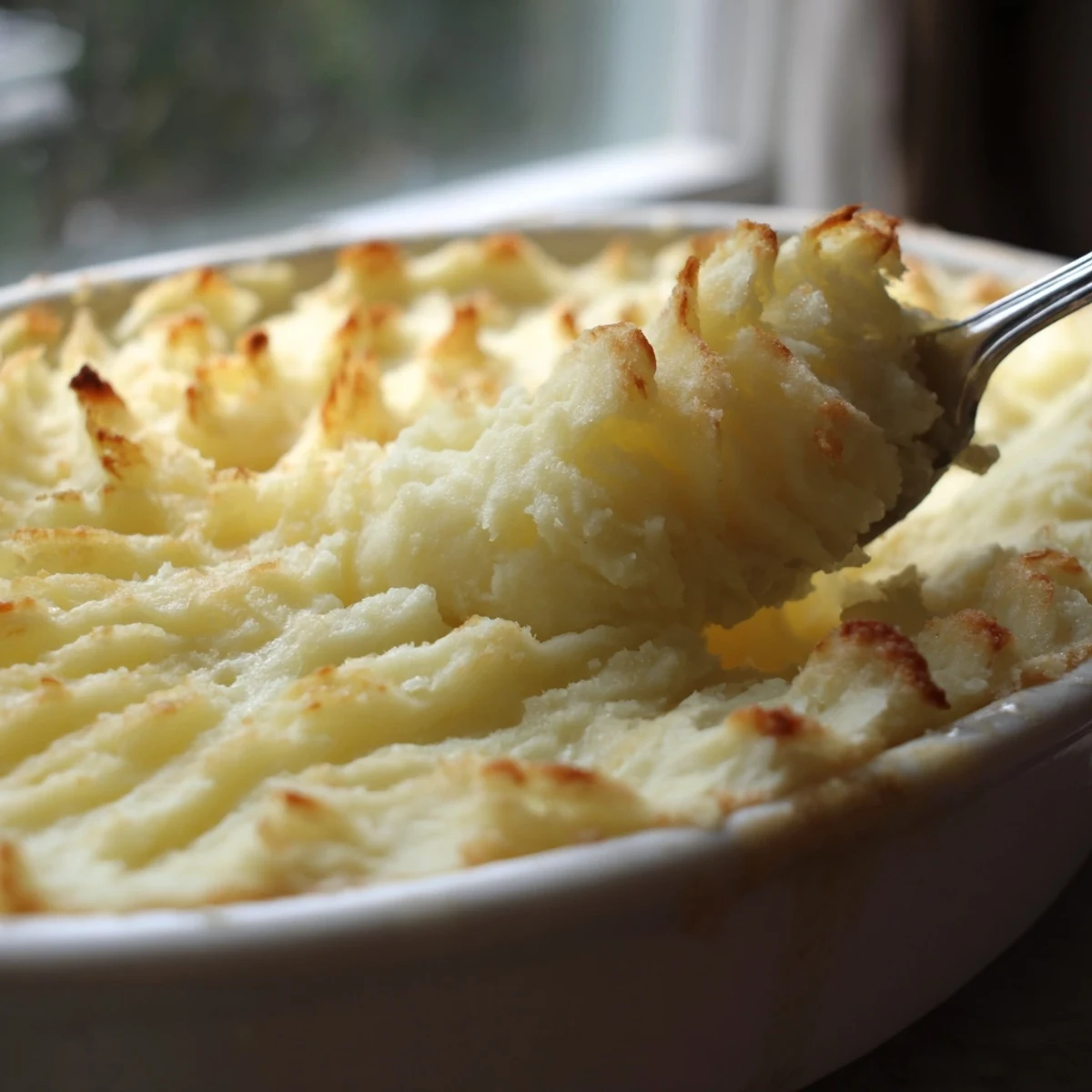 Golden-brown, creamy mashed potatoes top a savory Beef Shepherds Pie with Peas, served hot in a rustic baking dish.