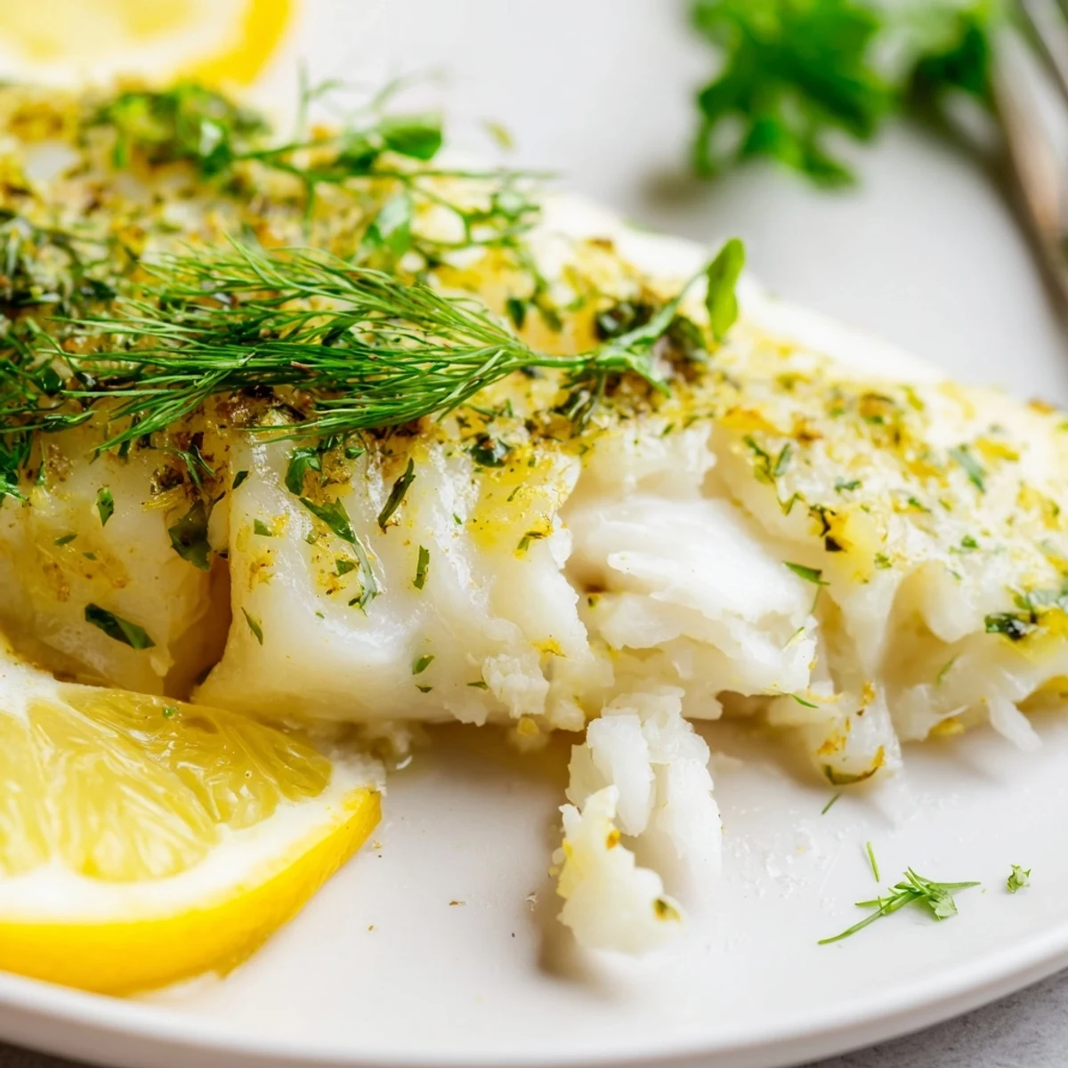 Golden, flaky Baked Cod with Lemon and Herbs rests on a white plate, garnished with fresh parsley and lemon slices for a bright, Mediterranean-inspired meal.