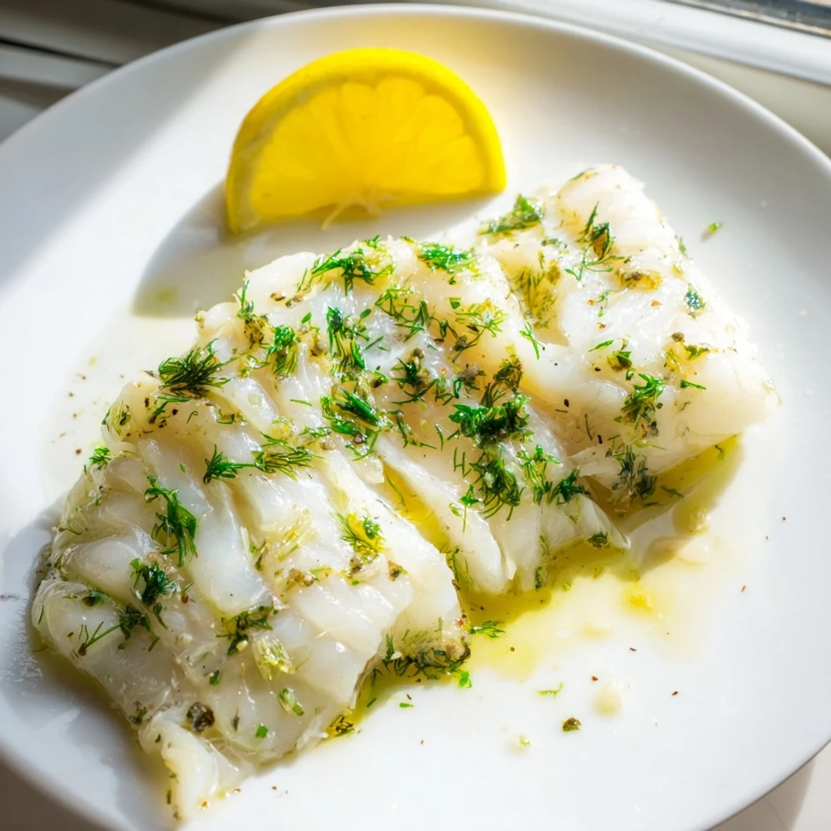 A close-up of perfectly cooked Baked Cod with Lemon and Herbs, featuring tender, flaky fish topped with vibrant green herbs and glistening olive oil.