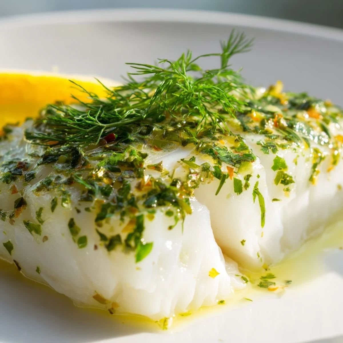 A rustic wooden serving board holds a platter of Baked Cod with Lemon and Herbs, accompanied by roasted potatoes and steamed green beans for a complete dinner.