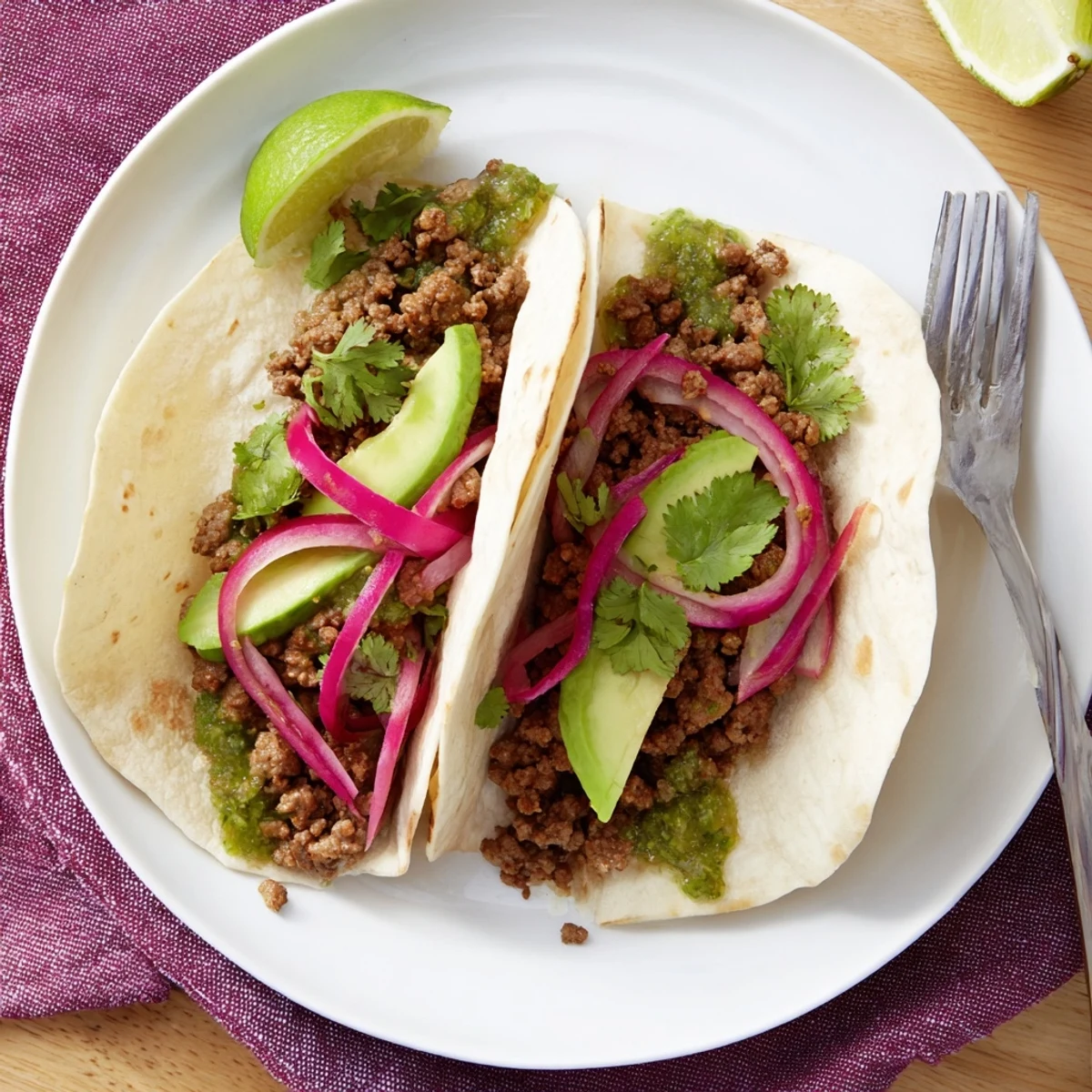 Warm corn tortillas hold juicy spiced beef, topped with bright salsa verde, sliced avocado, and fresh cilantro for a taco night feast.  