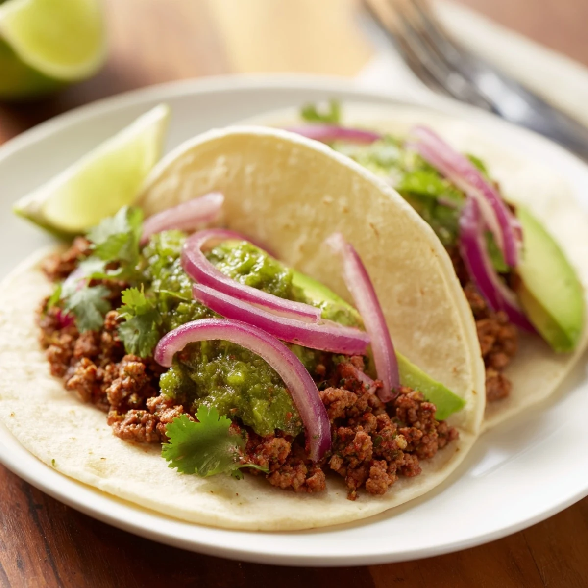 A vibrant platter of Spicy Beef Tacos with Salsa Verde, showcasing golden beef, green sauce, and avocado slices in natural light.