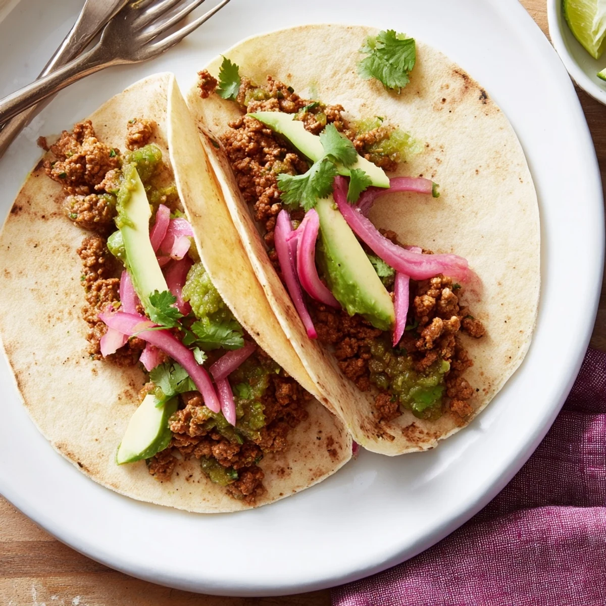 Close-up of Spicy Beef Tacos with Salsa Verde garnished with red onion and lime wedges, ready for a flavorful family dinner.  