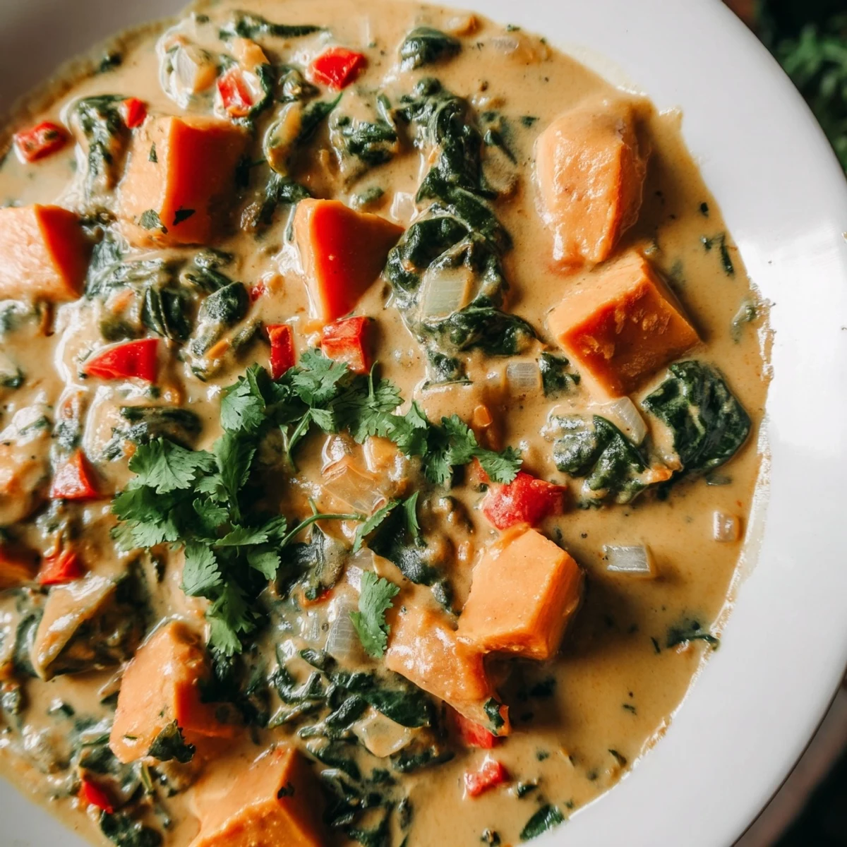 A bowl of creamy Vegan Sweet Potato Curry with Spinach, served over fluffy basmati rice and garnished with fresh cilantro.