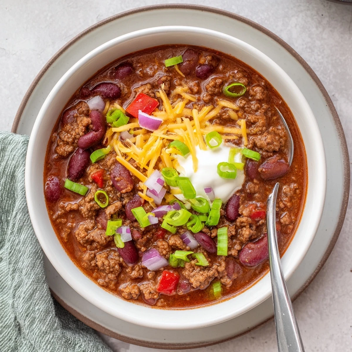 Steaming bowl of hearty Beef and Bean Chili with Cheddar Cheese, topped with melted cheese and green onions.