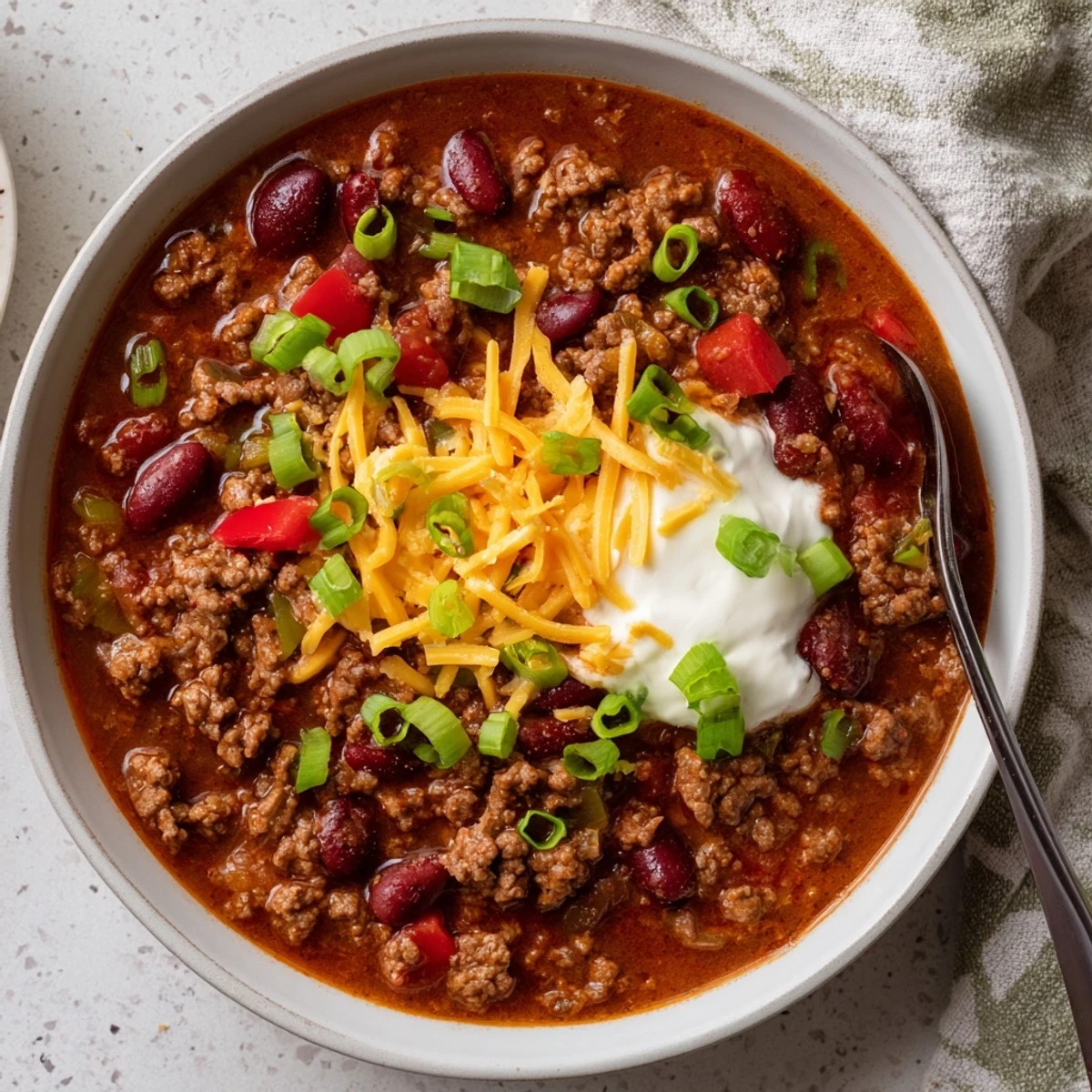 Ground beef and kidney beans in a rich, thick chili topped with shredded cheddar cheese and sour cream.