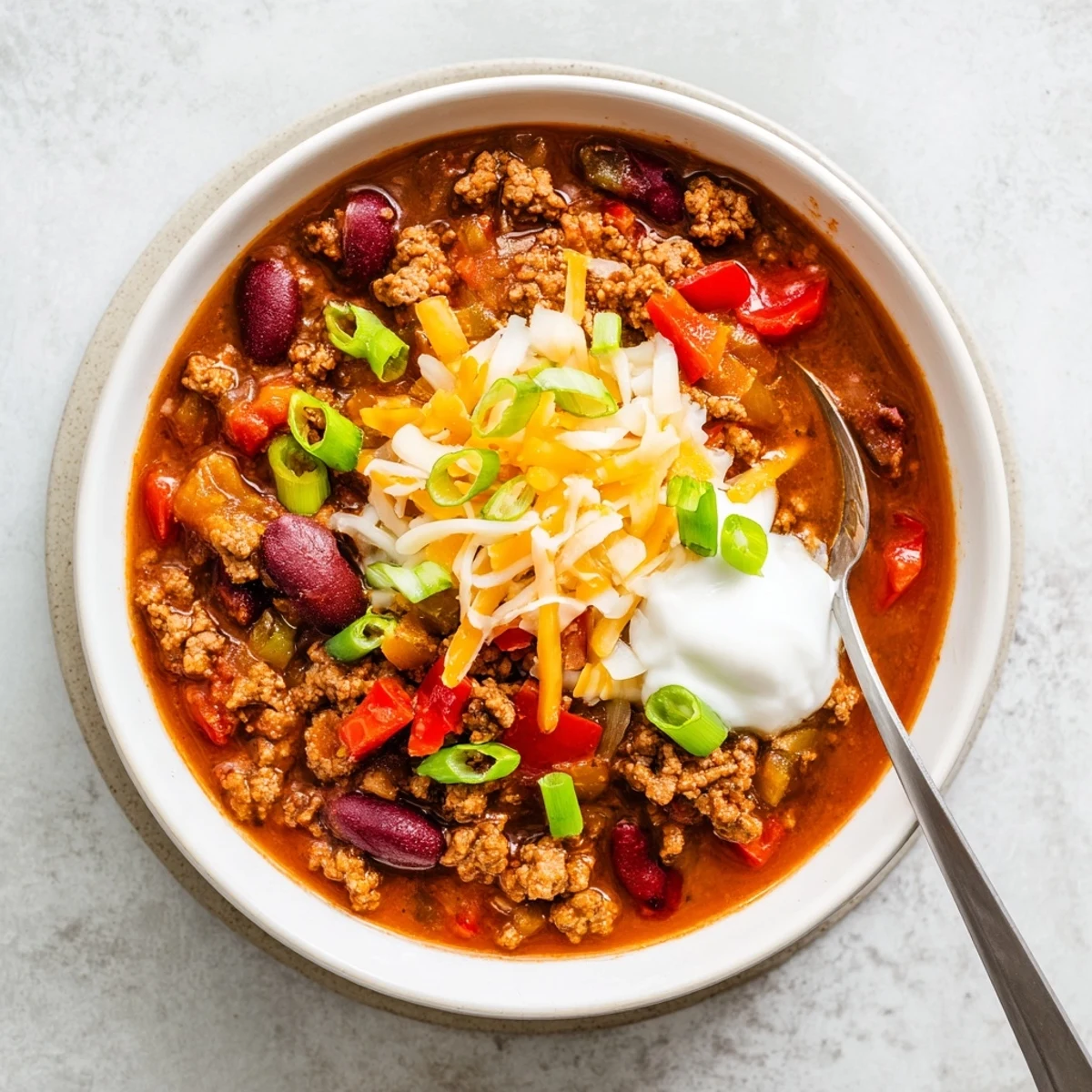 Beef and Bean Chili with Cheddar Cheese simmering in a Dutch oven with a wooden spoon nearby.