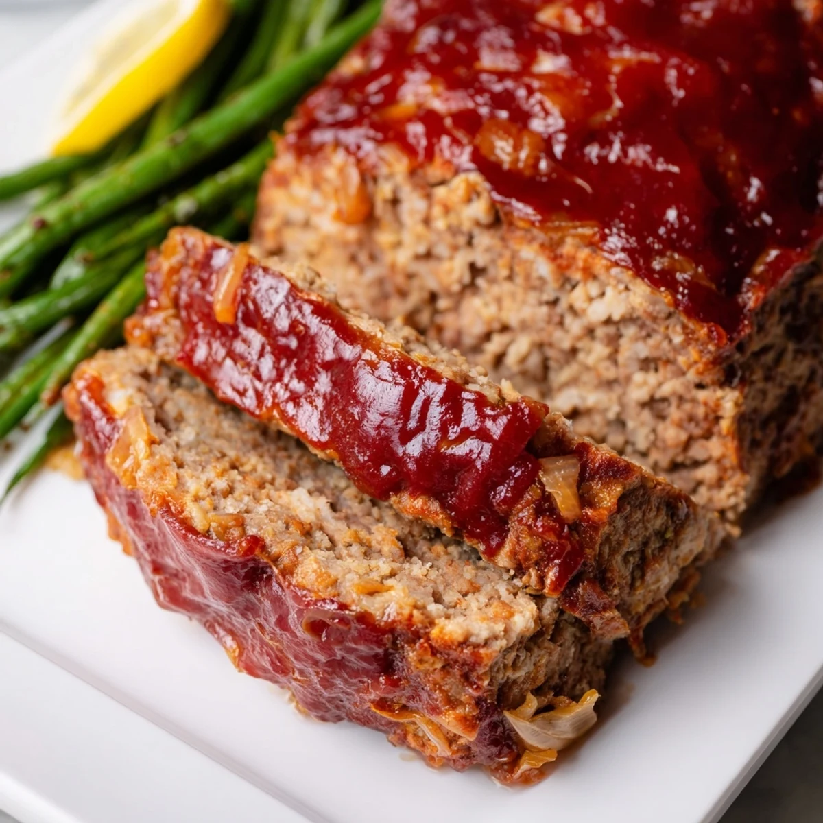 A golden-brown turkey meatloaf with a shiny, tangy glaze sits alongside crisp-tender green beans on a rustic platter, served with lemon wedges.