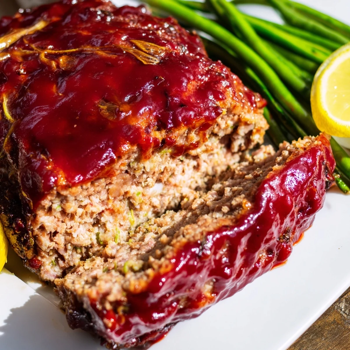 Slices of juicy turkey meatloaf revealing a tender interior, accompanied by olive oil-tossed green beans and a lemon wedge for a bright finish.