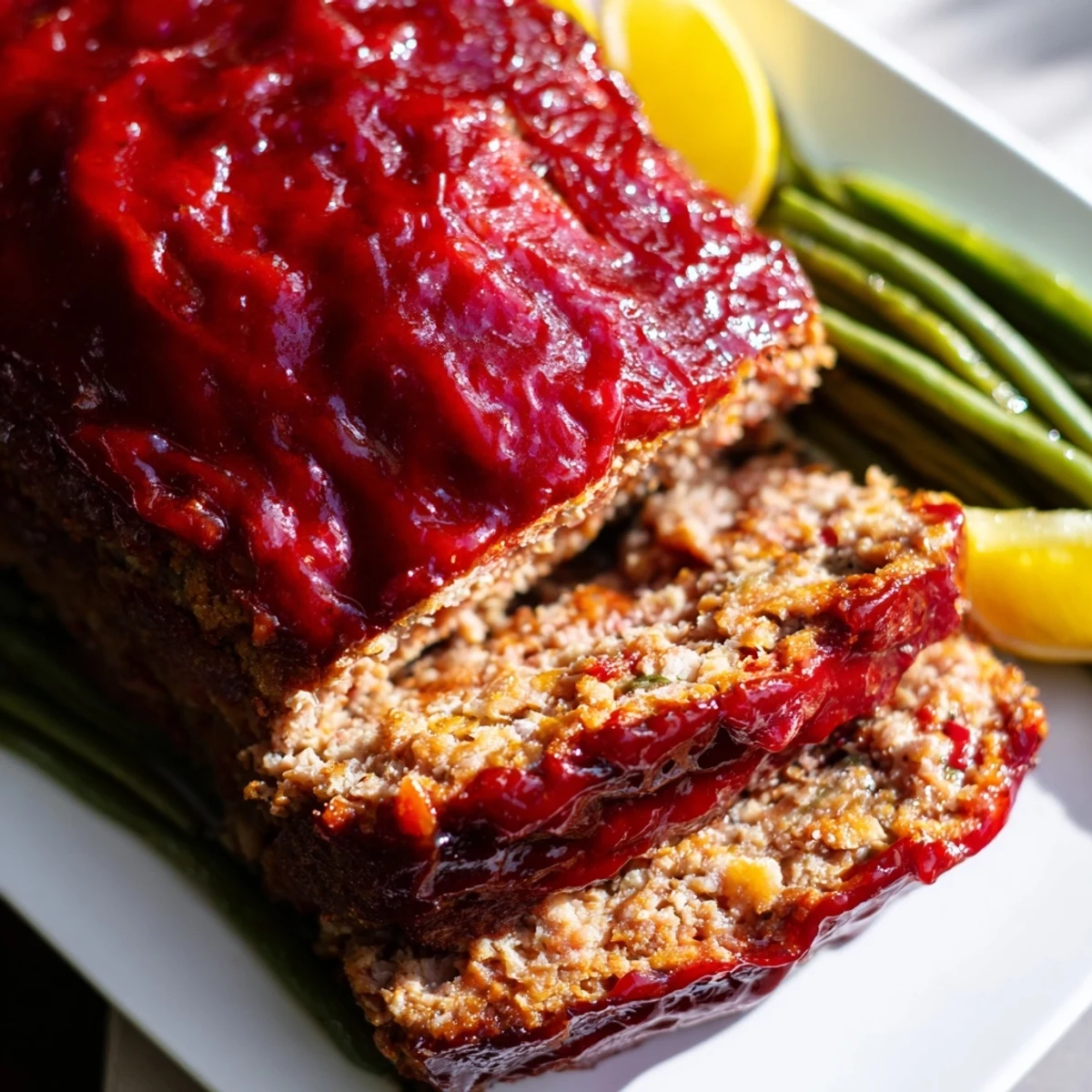 Freshly baked turkey meatloaf with a caramelized glaze and vibrant green beans garnished with parsley, perfect for a wholesome family dinner.