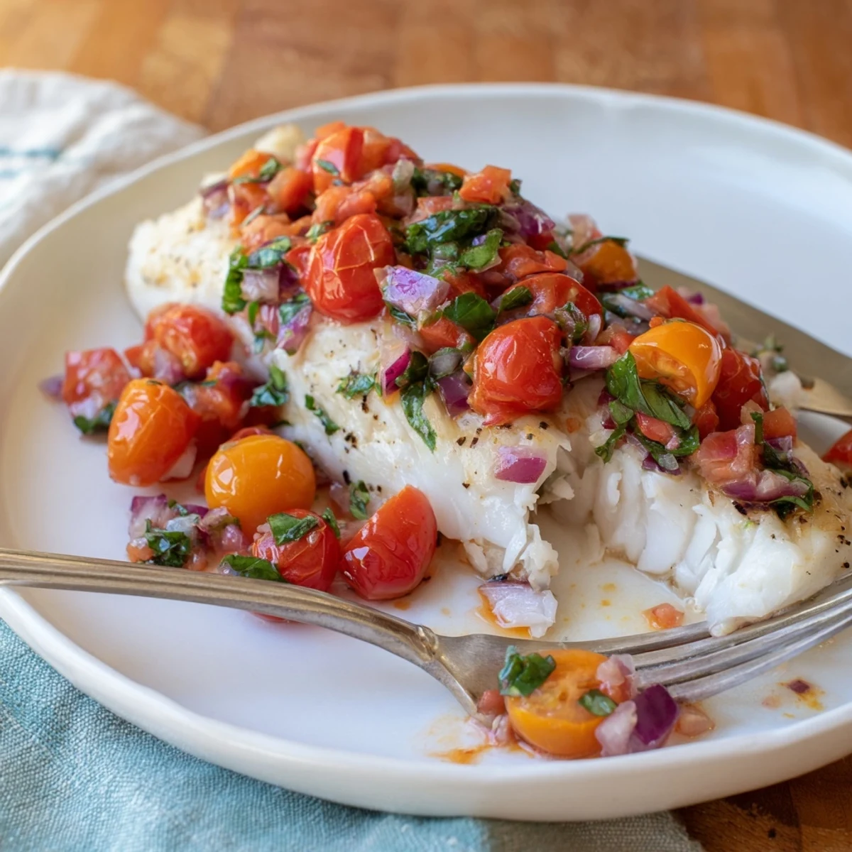 Tender baked halibut fillets topped with a vibrant cherry tomato and basil relish, served on a white plate.
