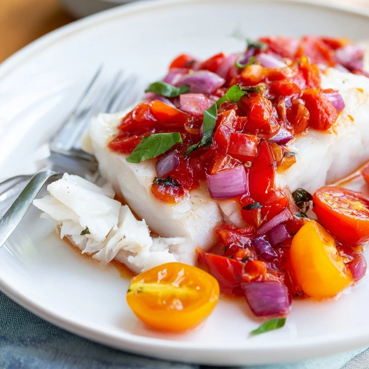 A close-up of flaky, oven-baked halibut with a juicy tomato basil relish, garnished with fresh basil leaves.