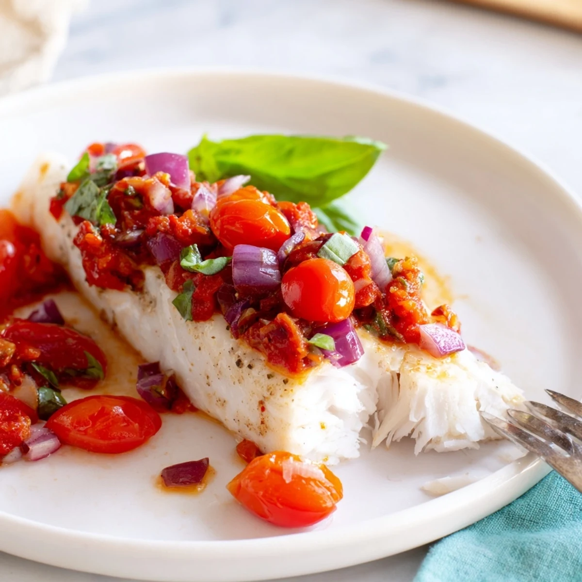 Golden-brown halibut fillets fresh from the oven, smothered in a bright red tomato and herb relish.